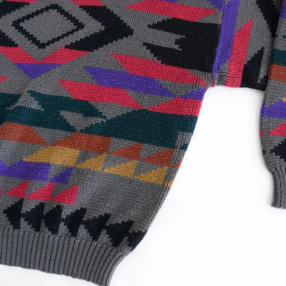 Vintage 90S White Oak Gray And Red Aztec Knit Crew Neck Sweater  XL - Picture 5 of 8